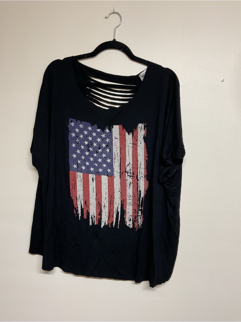 Vocal Black Short Sleeve Tee with Distressed American Flag & Cutout Back